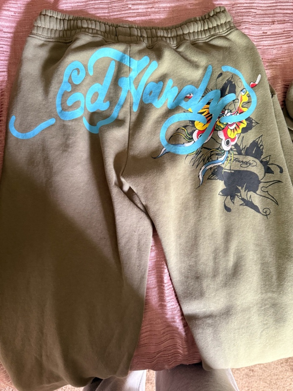 Ed Hardy Olive Green Drawstring Sweatpants with Yellow Logo